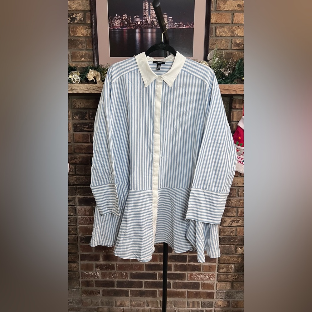 AQUA Striped Peplum Tunic Shirt Dress White Blue M New With Tags
